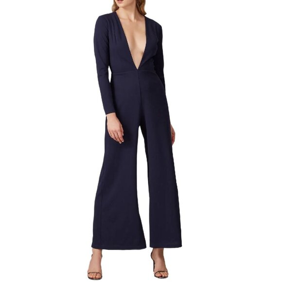 STYLESTALKER Nova Navy Jumpsuit Long-Sleeve Deep Plunge V-Neck Size Small 70s - Picture 1 of 14